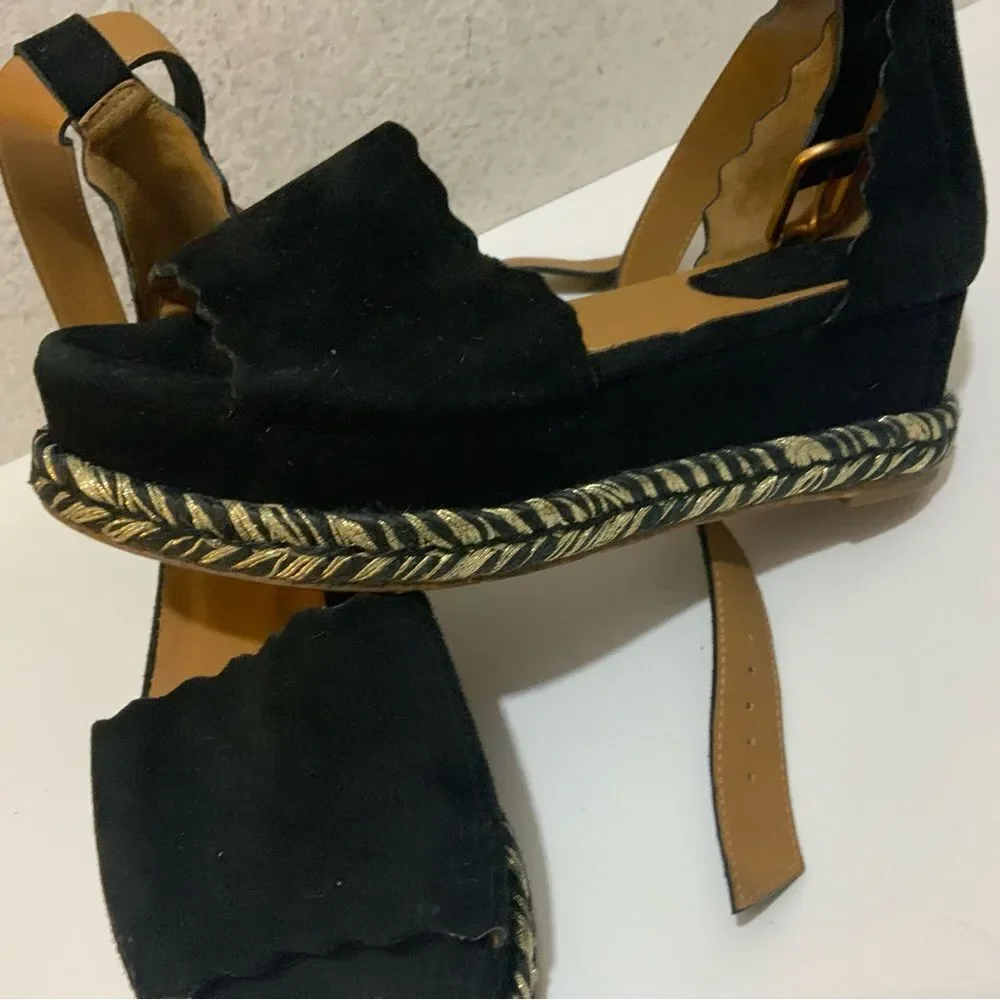 Chloe Black Suede Lauren Espadrille Wedge Sandals Size 36
